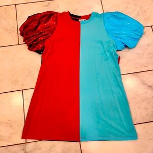 Queen of Sparkles dress, sequin puff sleeves. Red, light blue and navy.